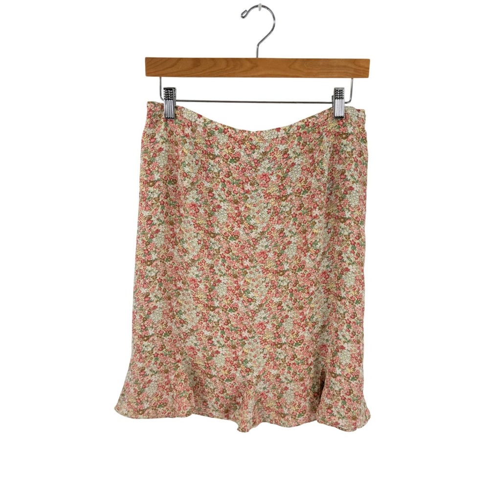 Talbots Petites Floral Skirt Pink 12P Silk Ruffle Hem Cottagecore Fairycore